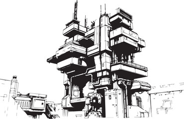 Factory, technical room, futurism, industry, equipment, mechanisms. Hand drawn vector illustration