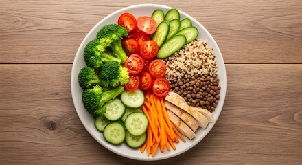 Healthy Power Bowl with Chicken Quinoa and Fresh Vegetables on Wooden Table