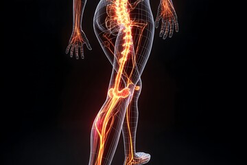 Digital rendering of human body showing bones, joints, and circulatory system with inflammation and pain indication