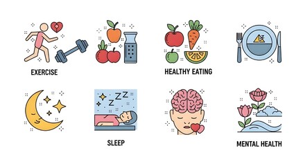 Health and Wellness Icons Set Healthy Lifestyle Habits Self Care Concepts Vector