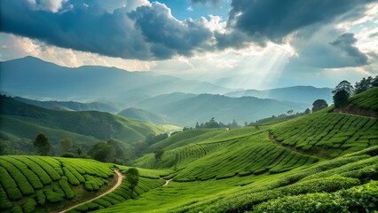 Sunlight breaking through clouds over lush green rolling tea plantations