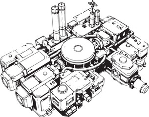 Factory, technical room, futurism, industry, equipment, mechanisms. Hand drawn vector illustration
