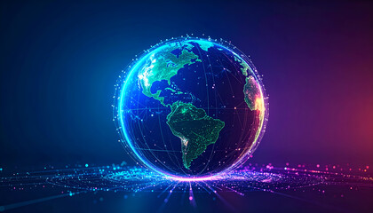 Fototapeta premium Glowing earth globe surrounded by digital network represents global connectivity and technological advancement in a futuristic and vibrant atmosphere.