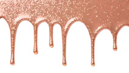 Glittering rose gold liquid dripping down against a black background. The texture is smooth and shiny, creating an elegant and luxurious appearance.
