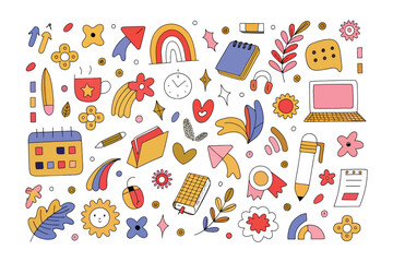 Playful Elements: A vibrant collage of playful elements including a rainbow, flowers, a pen, a notebook, stars, and other whimsical elements, perfect for conveying joy and creativity. 