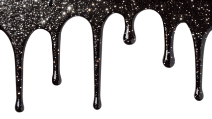 Black glittery liquid dripping down with a transparent background. The texture appears shiny and smooth, creating a striking visual effect.