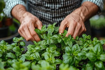 Gardener tending to fresh basil plants in a greenhouse during daylight hours
