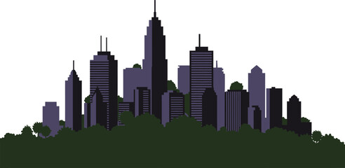 Urban cityscape and nature silhouette vector illustration, a modern flat design of a metropolitan skyline with buildings and trees for environment concepts.