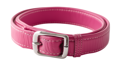 A pink  dog belt with a shiny silver buckle displayed on a plain white background or transparent png 