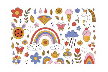 Whimsical Delight: A collection of vibrant, playful illustrations of rainbows, flowers, butterflies and other elements creates a lively visual composition.