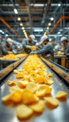 Close-up of golden potato chips on a stainless steel conveyor in a clean, modern snack factory.