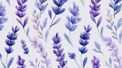 Watercolor lavender pattern. Floral sprigs in shades of purple and blue create a peaceful and artistic feel. Ideal for backgrounds, textiles, and design.