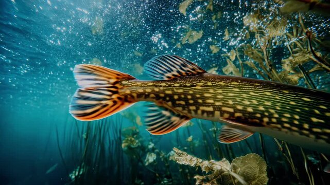Northern pike swimming through underwater lake vegetation with sunlight filtering through water surface. Ultra-realistic 4K video scene.