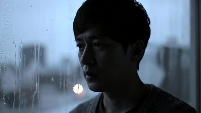 Lonely thoughtful Asian man looking out the window on a rainy evening with a sad expression