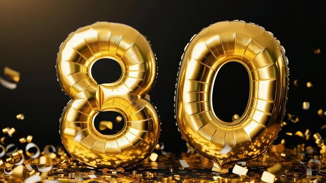 A large gold balloon with the number 80 on it is surrounded by confetti. The image conveys a celebratory mood, as the balloon and confetti suggest a special occasion or event