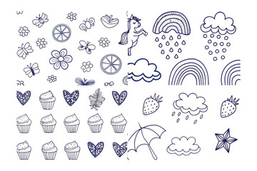 Whimsical Doodles: Charming, hand-drawn sketches of clouds, cupcakes, flowers, hearts, and stars, perfect for adding a touch of creative flair to your projects.