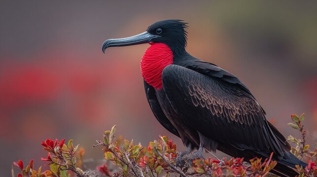 Magnificent Frigatebird displays its gular sac. A vibrant red pouch contrasts the black feathers, perched among red-tinged flora. Striking bird!