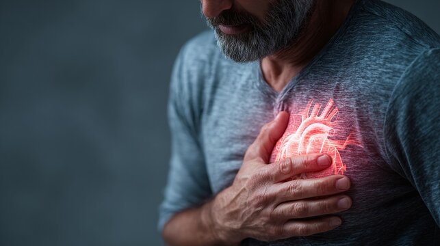 Man clutches chest with glowing heart overlay, illustrating potential cardiovascular health concerns. Focus on heart health and aging issues.