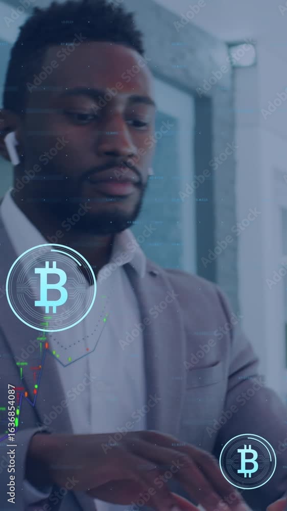 Aufkleber animation of data processing and bitcoin symbols over african amercian businessman using laptop