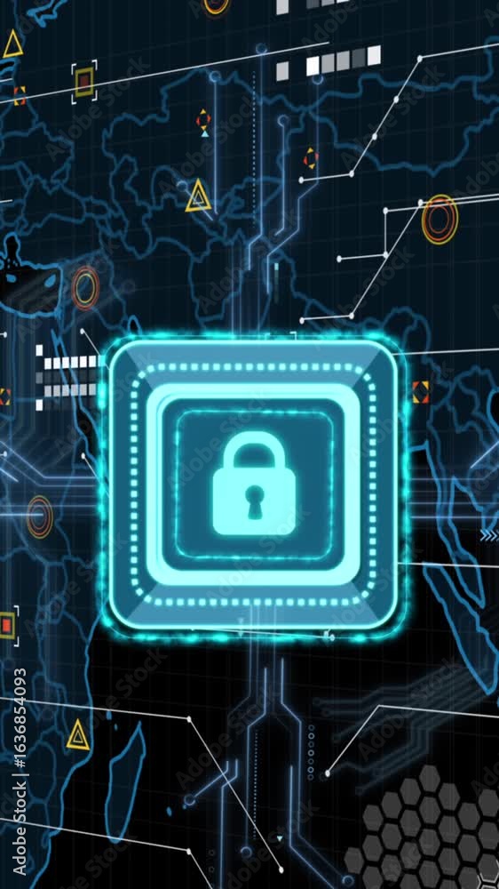 Poster animation of online security padlock, data processing and markers over world map