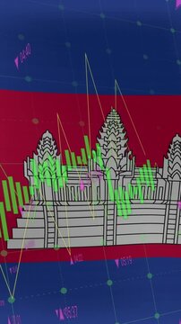 Financial data processing against waving flag of cambodia in background