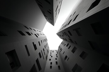 Abstract architectural perspective of modern buildings creates a striking and minimalist urban landscape with geometric shapes and patterns