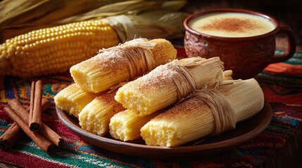 Traditional corn delicacies, including sweet tamales and atole, displayed on a wooden plate and alongside corn and cinnamon sticks.