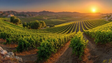 Fototapeta premium Vineyard rows stretch across the landscape as the sun rises, illuminating the lush greenery and rolling hills in the distance. Perfect wine country scene.