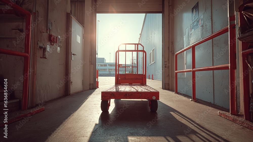 Poster warehouse platform dolly stands ready inside the loading dock, awaiting a new delivery or the transp