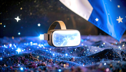 Virtual reality headset displays swirling blue galaxy while resting on moonlike surface with stars and a flag in the background, creating a futuristic, dreamy scene.