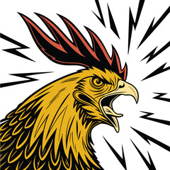Close up of a rooster crowing with radiating lines symbolizing sound, Close up of a rooster crowing with radiating lines symbolizing sound