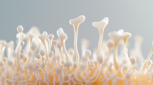 Abstract macro close-up of organic structures with soft white stems and warm light. Futuristic growth pattern for creative background banner