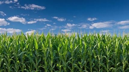Fototapeta premium Lush green field with tall plants under a clear blue sky dotted with fluffy white clouds. A vibrant scene of agriculture and nature's beauty.