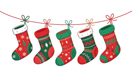 Festive Christmas Stockings Hanging on Red String – Colorful Red and Green Holiday Socks with Snowflakes, Zigzags, and Stripes in Cozy Style on White Background