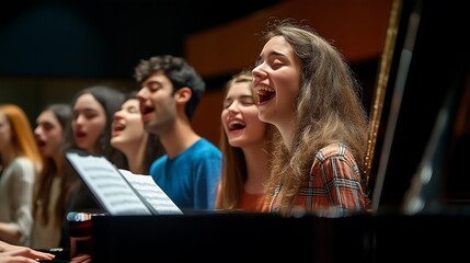 A diverse group of young singers passionately performing together in a rehearsal setting.