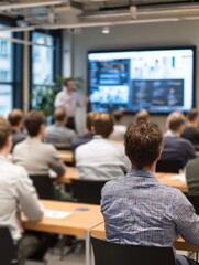 office setting with a group of employees attentively watching a cybersecurity training session on a large screen featuring a presenter explaining key concepts with visual aids