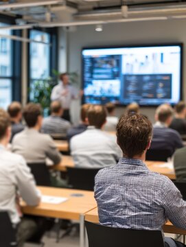 office setting with a group of employees attentively watching a cybersecurity training session on a large screen featuring a presenter explaining key concepts with visual aids