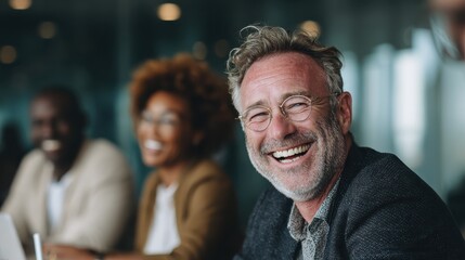 mature businessman laughing while sitting with a diverse group of colleagues during a meeting in an office no logos no brands ar 169