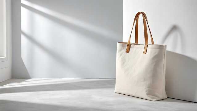 Natural canvas tote bag with leather handles leaning against a white wall with sunlight shadows
