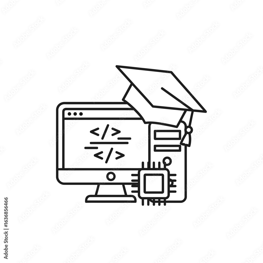 Poster modern line art illustration showcasing computer science education and tech degree, symbolizing codi