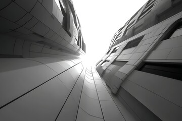 Abstract architectural perspective of a modern building with geometric design in black and white