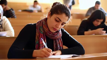 A focused female university student diligently writes notes in her notebook during a class in a large lecture hall - Powered by Adobe