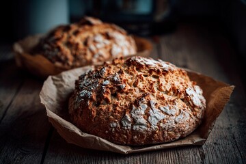 Two round loaves of artisanal bread rest on parchment paper atop a weathered wooden table. The warm...