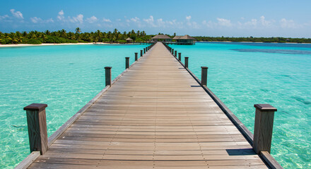 Obraz premium Scenic wooden pier extending over turquoise waters, leading to tropical island resorts under clear skies