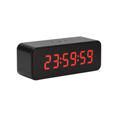 Sleek, modern matte black digital clock with bright red LED digits showing '23:59:59', isolated on a seamless transparent studio background, brightly lit, shadowless, high-angle shot. Concept of