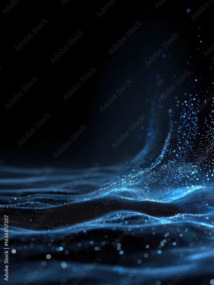 Poster dark backdrop abstract scene with blue waves and shimmering particles create mesmerizing visual expe