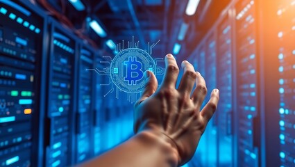 A hand reaching towards a bitcoin symbol in front of a server room with bright blue lighting