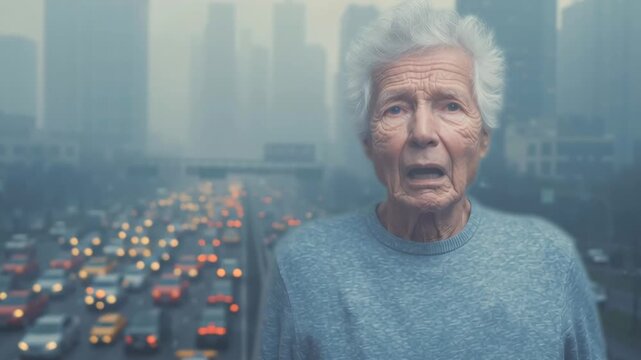 A woman is crying in the middle of a busy city street. The scene is blurry and hazy, with cars and traffic lights in the background. The woman's face is covered in tears