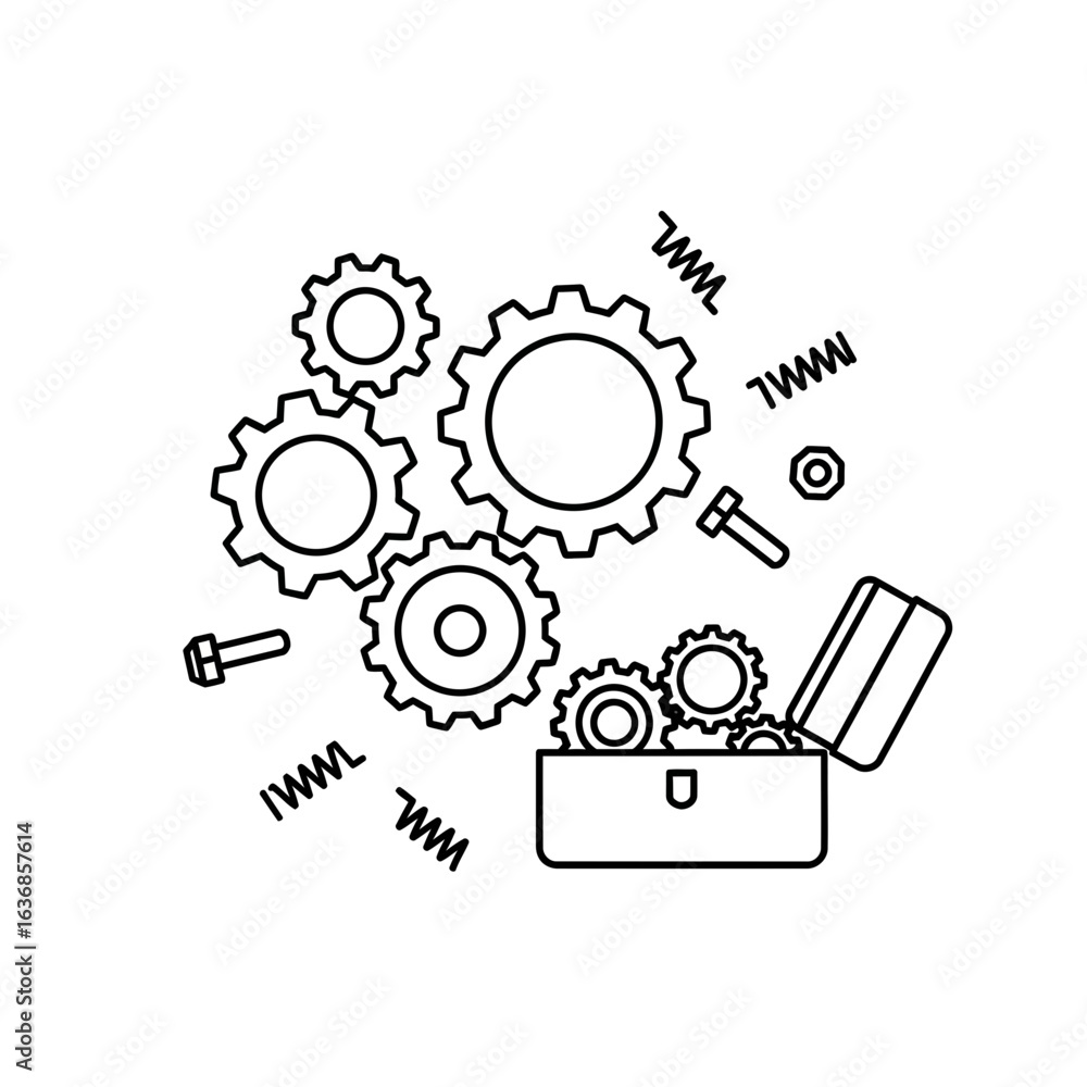 Poster intricate gear system illustration, mechanical parts exploding from toolbox, dynamic engineering con