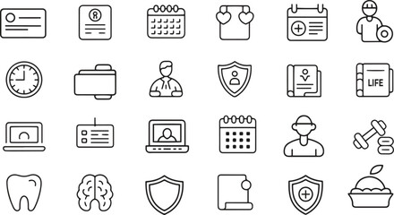 Health and Insurance Line Icons Set – Medical, Protection, and Fitness Symbols Vector